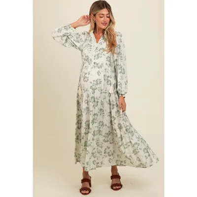 Pinkblush Floral Button Front Tiered Long Sleeve Maxi Dress In Green