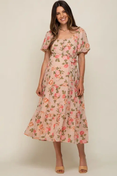 Pinkblush Floral Button Puff Sleeve Midi Dress In Orange