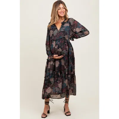 Pinkblush Floral Chiffon Ruffle Tiered Midi Dress In Black
