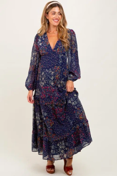 Pinkblush Floral Chiffon V-neck Long Sleeve Maxi Dress In Blue