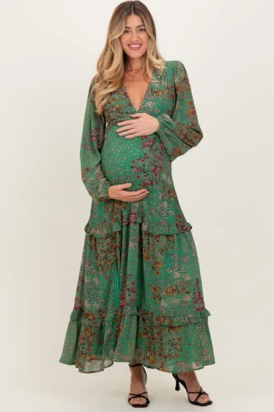 Pinkblush Floral Chiffon V-neck Long Sleeve Maxi Dress In Green
