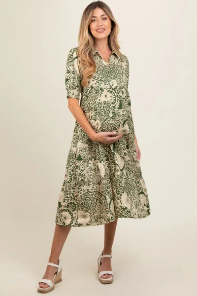 Pinkblush Floral Collared Tiered Midi Dress In Green