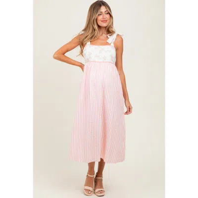 Pinkblush Floral Contrast Stripe Shoulder Tie Midi Dress