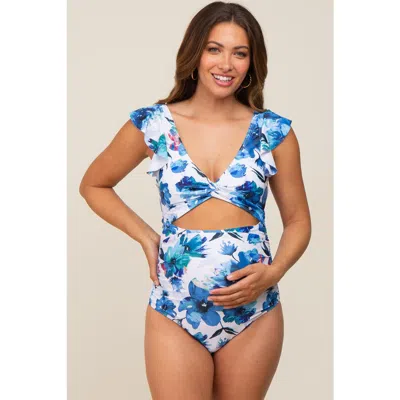 Pinkblush Floral Cutout Flutter One Piece Swimsuit In Blue