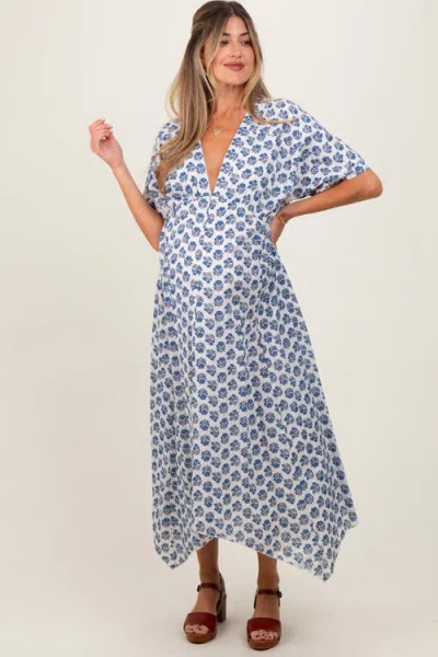 Pinkblush Floral Deep V-neck Handkerchief Hem Maxi Dress In Blue