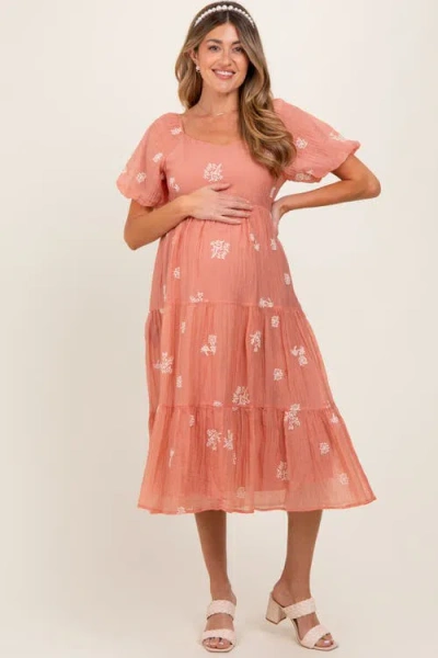 Pinkblush Floral Embroidered Chiffon Midi Dress