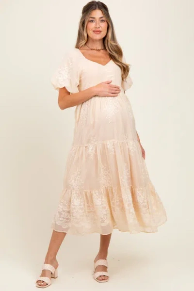 Pinkblush Floral Embroidered Chiffon Midi Dress In Neutral