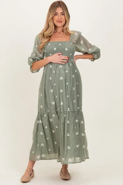 Pinkblush Floral Embroidered Smocked 3/4 Sleeve Midi Dress In Green