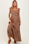 Pinkblush Floral Embroidered Smocked Maxi Dress In Brown