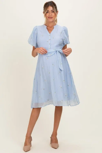 Pinkblush Floral Embroidered Tie Waist Dress In Blue