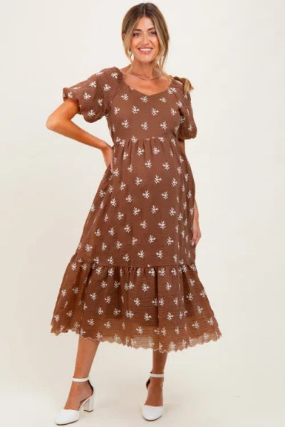 Pinkblush Floral Embroidered Tiered Midi Dress In Brown