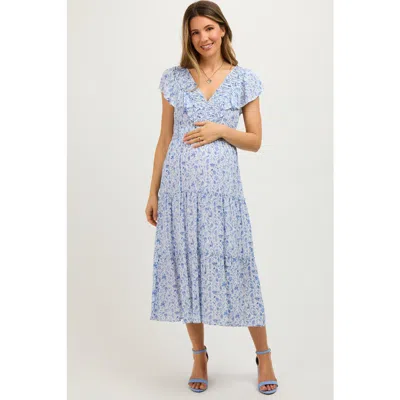 Pinkblush Floral Front Ruched Ruffle Shoulder Tiered Midi Dress In Blue
