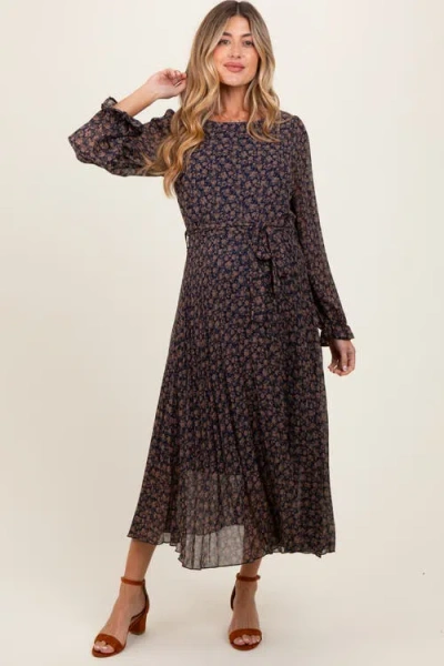 Pinkblush Floral Front Tie Pleated Midi Dress In Blue