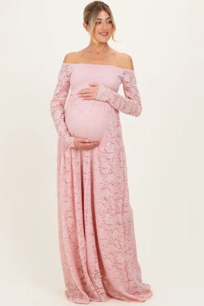 Pinkblush Floral Lace Long Sleeve Off Shoulder Maxi Dress