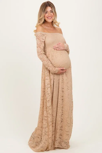 Pinkblush Floral Lace Long Sleeve Off Shoulder Maxi Dress In Nude