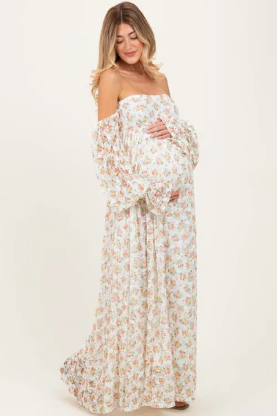 Pinkblush Floral Lace Smocked Long Sleeve Off Shoulder Maxi Dress In White