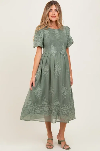 Pinkblush Floral Lace Smocked Midi Dress In Green