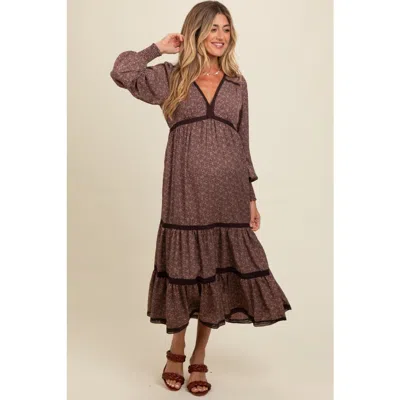 Pinkblush Floral Lace Trim Bubble Sleeve Maxi Dress In Brown