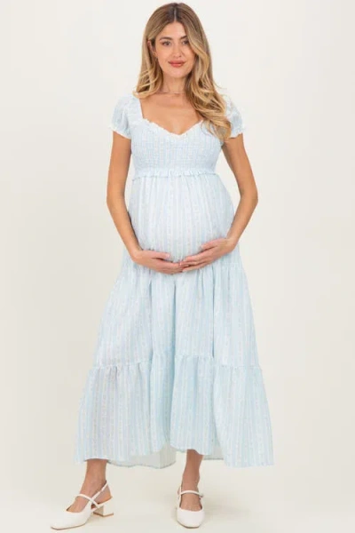 Pinkblush Floral Lace Trim Tiered Maxi Dress In Blue