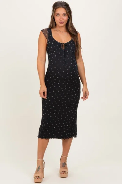 Pinkblush Floral Mesh Front Tie Cutout Midi Dress In Black