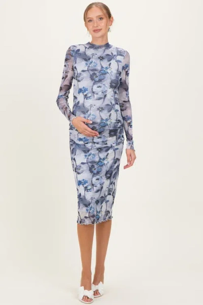 Pinkblush Floral Mesh Long Sleeve Midi Dress In Blue