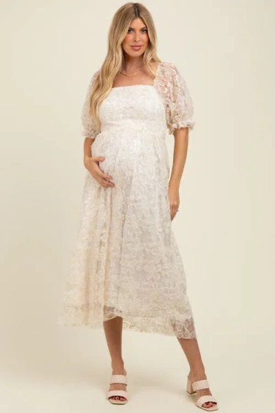 Pinkblush Floral Mesh Overlay Tie Back Midi Dress In Neutral