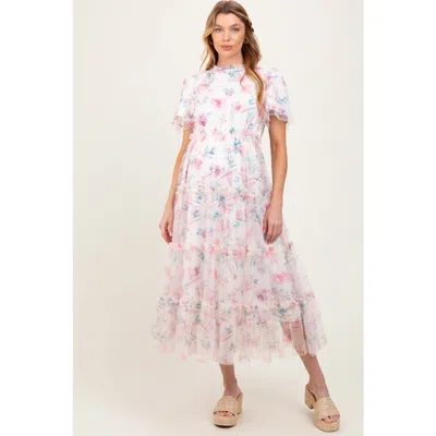 Pinkblush Floral Mesh Ruffle Tiered Midi Dress In White