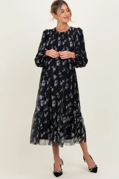 Pinkblush Floral Mesh Smocked Midi Dress In Black