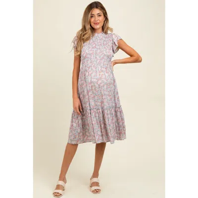 Pinkblush Floral Mock Neck Smocked Ruffe Sleeve Midi Dress In Blue