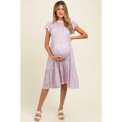 Pinkblush Floral Mock Neck Smocked Ruffe Sleeve Midi Dress In Purple