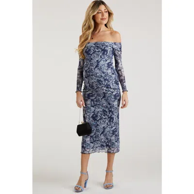 Pinkblush Floral Off Shoulder Mesh Knit Midi Dress In Blue