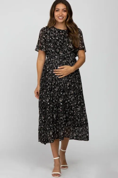 Pinkblush Floral Pleated Chiffon Midi Dress In Black