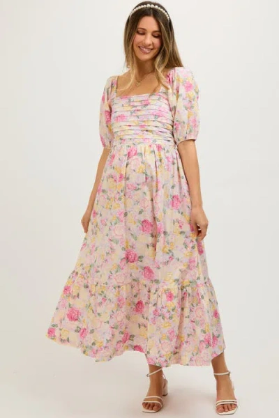 Pinkblush Floral Pleated Puff Sleeve Midi Dress