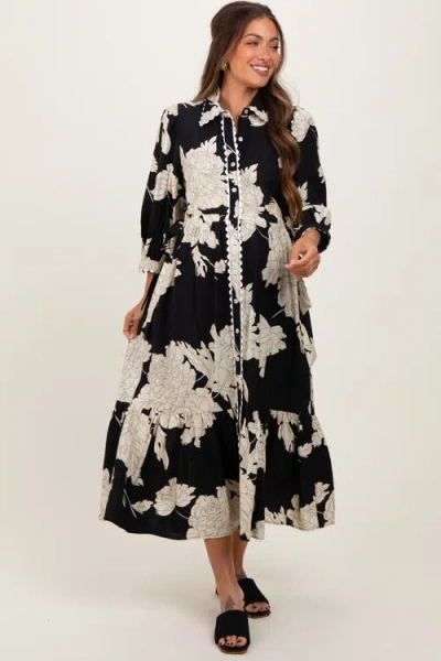 Pinkblush Floral Print Cinched Tie Waist Shirt Dress In Black