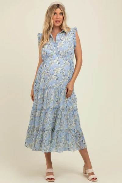 Pinkblush Floral Print Frilled Pocketed Midi Dress In Blue