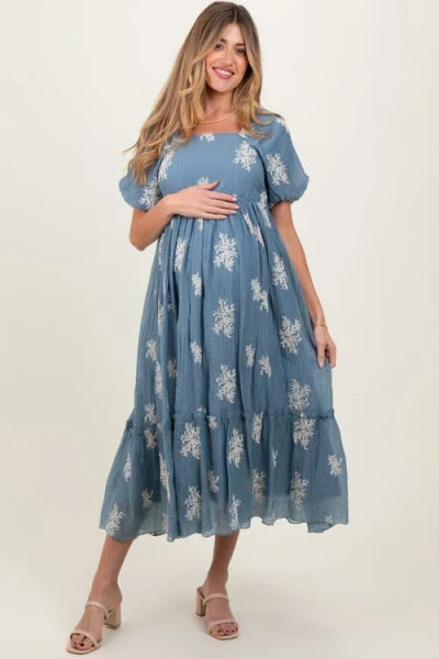 Pinkblush Floral Print Ruffle Hem Midi Dress In Blue