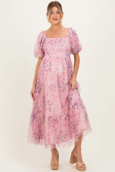 Pinkblush Floral Printed Tulle Puff Sleeve Midi Dress