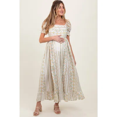 Pinkblush Floral Puff Sleeve Lace Trim Maxi Dress In Peach