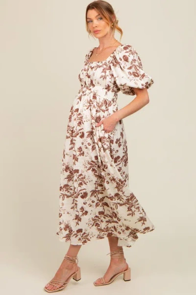 Pinkblush Floral Puff Sleeve Midi Dress In Brown