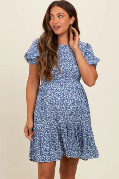 Pinkblush Floral Puff Sleeve Smocked Dress In Blue
