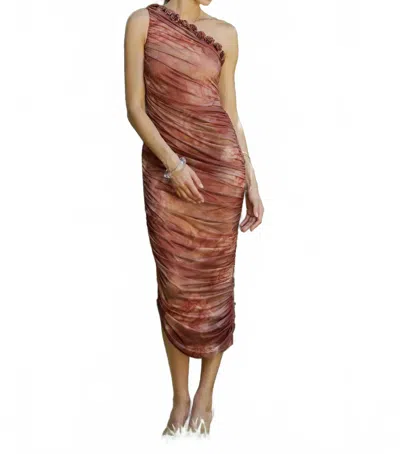 Pinkblush Floral Ruched Rosette One-shoulder Midi Dress In Rust In Multi