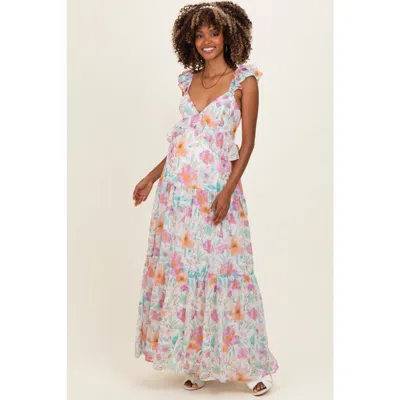 Pinkblush Floral Ruffle Accent Maxi Dress In Ivory