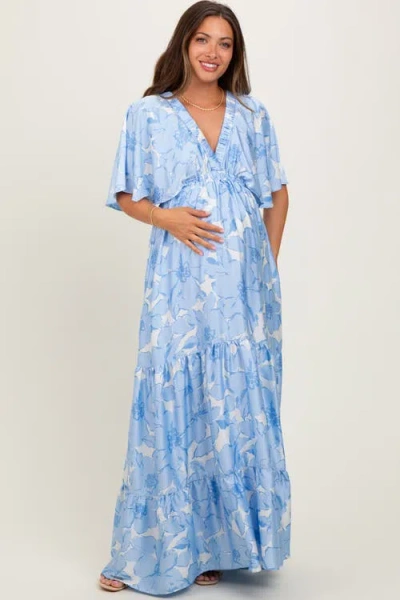 Pinkblush Floral Short Sleep Deep V-neck Tiered Maxi Dress In Blue