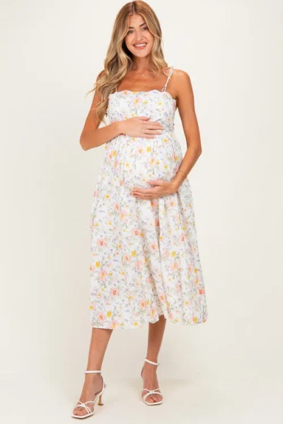 Pinkblush Floral Shoulder Tie Cutout Midi Dress In White