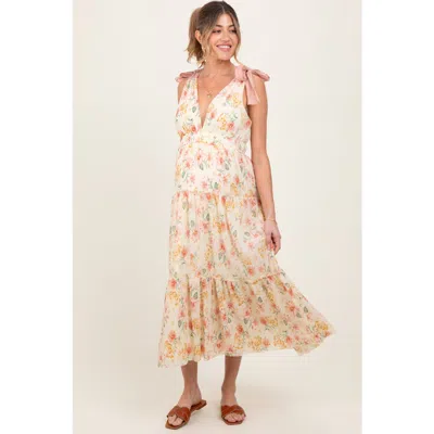 Pinkblush Floral Shoulder Tie Deep V-neck Tiered Maxi Dress In Multi