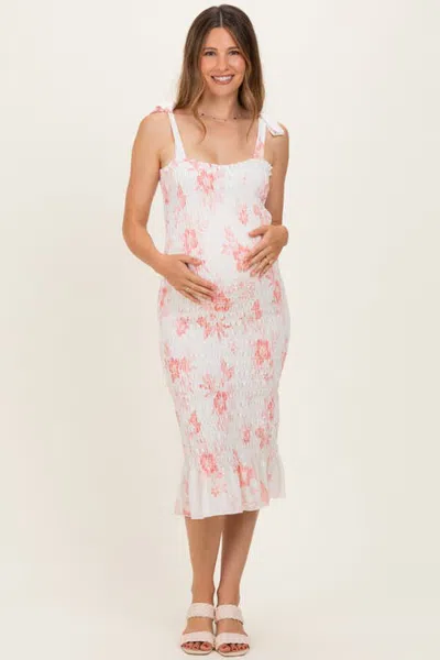 Pinkblush Floral Shoulder Tie Fitted Midi Dress In Peach