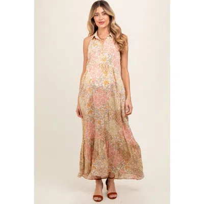 Pinkblush Floral Sleeveless Button Tiered Collared Maxi Dress In Neutral