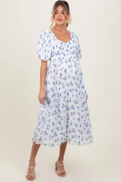 Pinkblush Floral Smocked Bodice Midi Dress In Blue