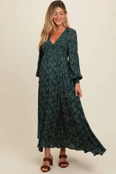 Pinkblush Floral Smocked Button Detail Maxi Dress In Green