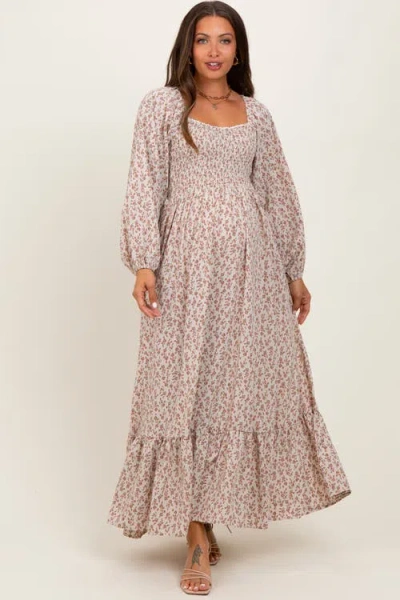 Pinkblush Floral Smocked Lace Trim Sweetheart Maxi Dress In Brown